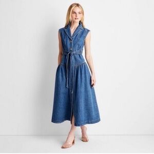 Sleeveless Blue Denim Button-Front Midi Dress with Tie Waist